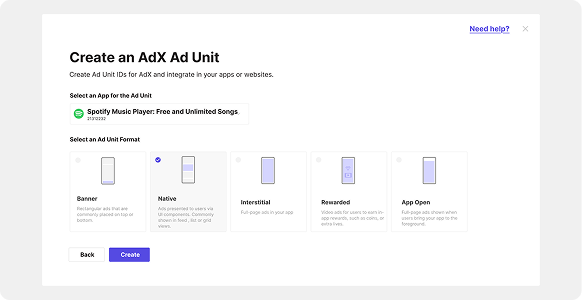 Ad unit setup screen